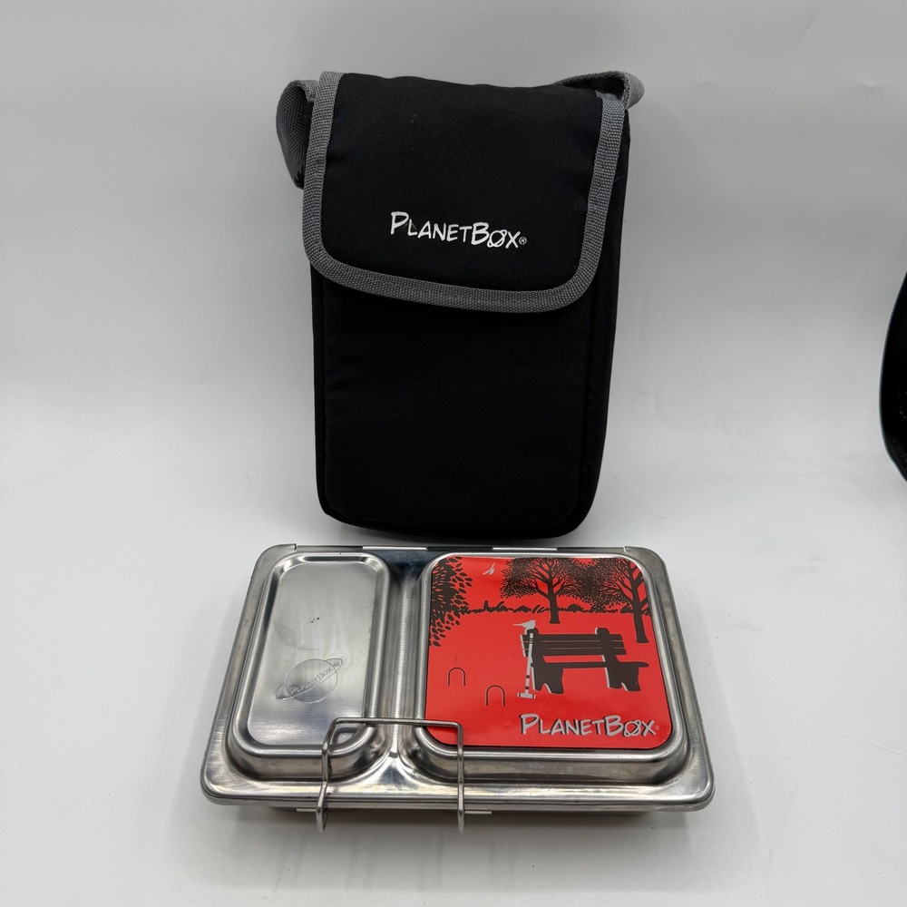 PlanetBox Shuttle Stainless Steel Bento Lunch Box Black Bag Park Bench Magnet
